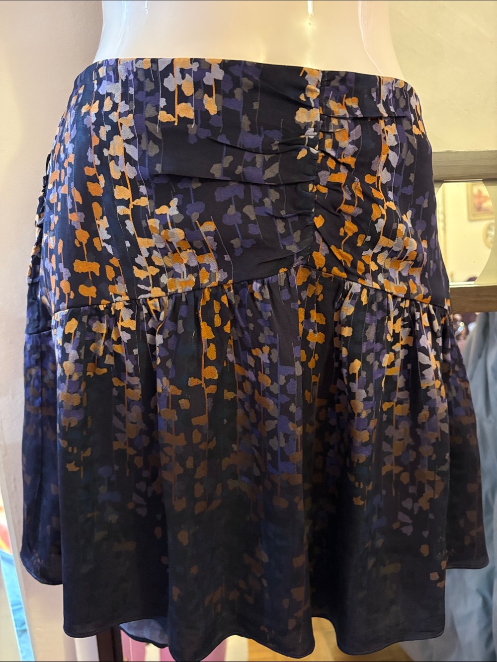 Reiss Navy Mini Skirt with Orange and Lavender Spot Print. Viscose